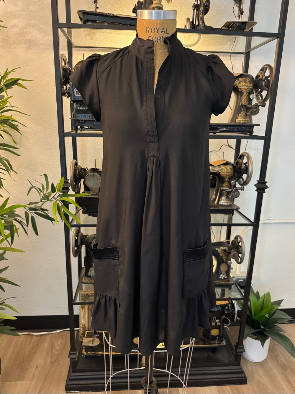 Forever 21 Black Short-Sleeve Ruffle Hem Dress with Patch Pockets